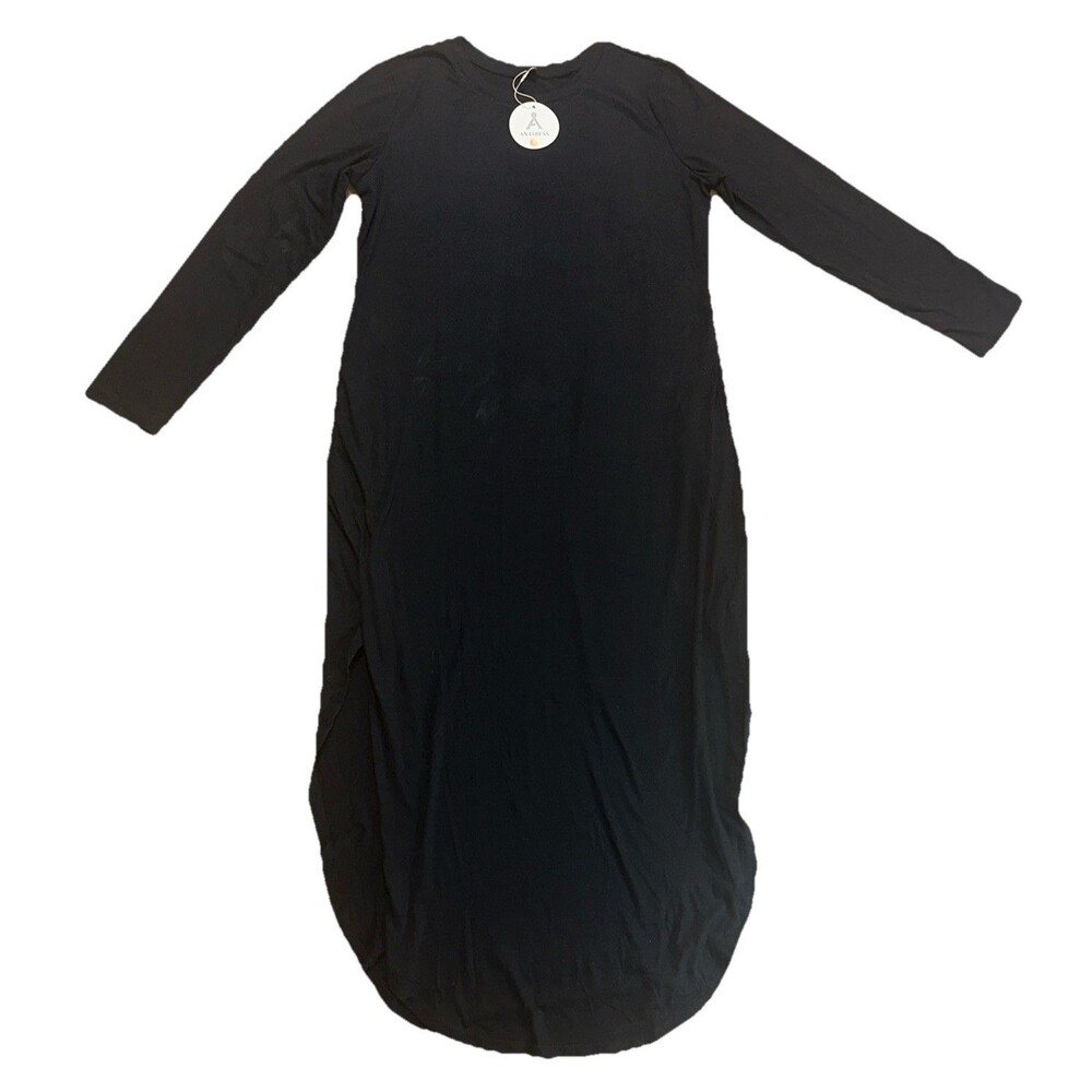 Anrabess Womens Black Long Sleeve Dress Size Large 2 Slits T-shirt Feel